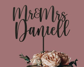 Personalized Script Wedding Cake Topper: Rustic Mr & Mrs Topper