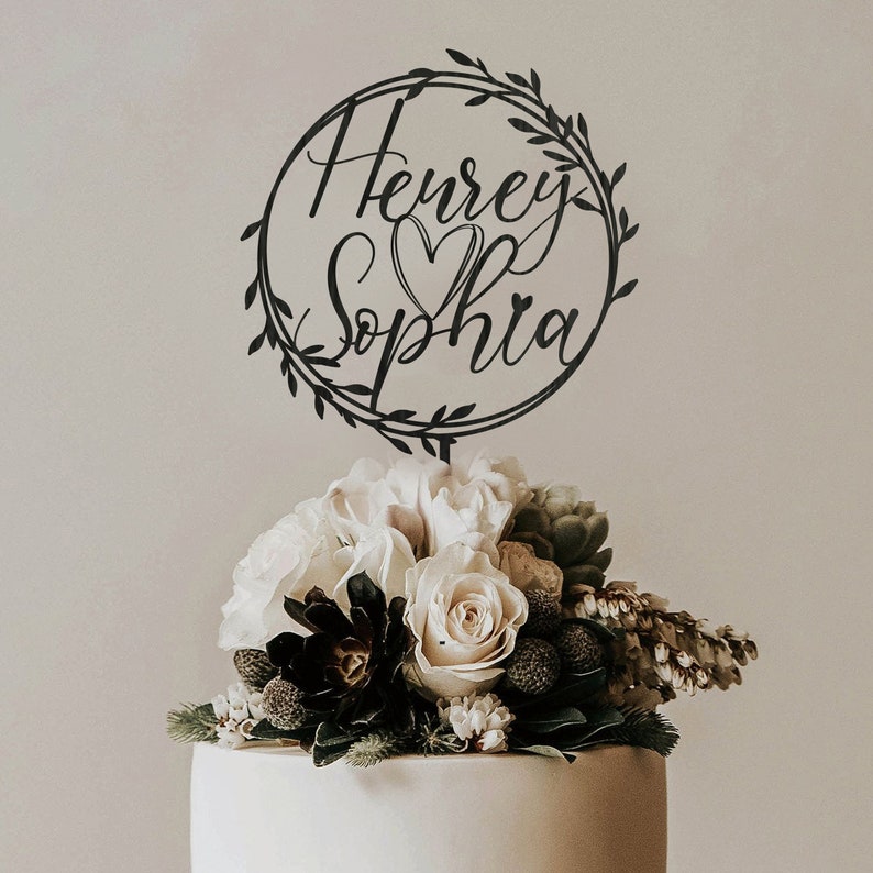 Bruiloft gepersonaliseerde cake topper krans, aangepaste script cake toppers voor bruiloft, rustieke bruidstaart topper, aangepaste cake topper Black