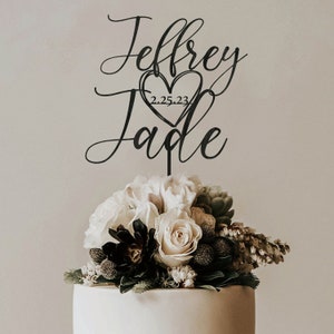 Personalized Wedding Cake Topper with date and heart, Custom Couples Script Cake Topper for Weddings, Rustic cake topper Black