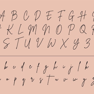 May include: A complete alphabet in uppercase and lowercase cursive script. The letters are in a thin, black font on a light pink background. A dark blue line separates the uppercase and lowercase letters.