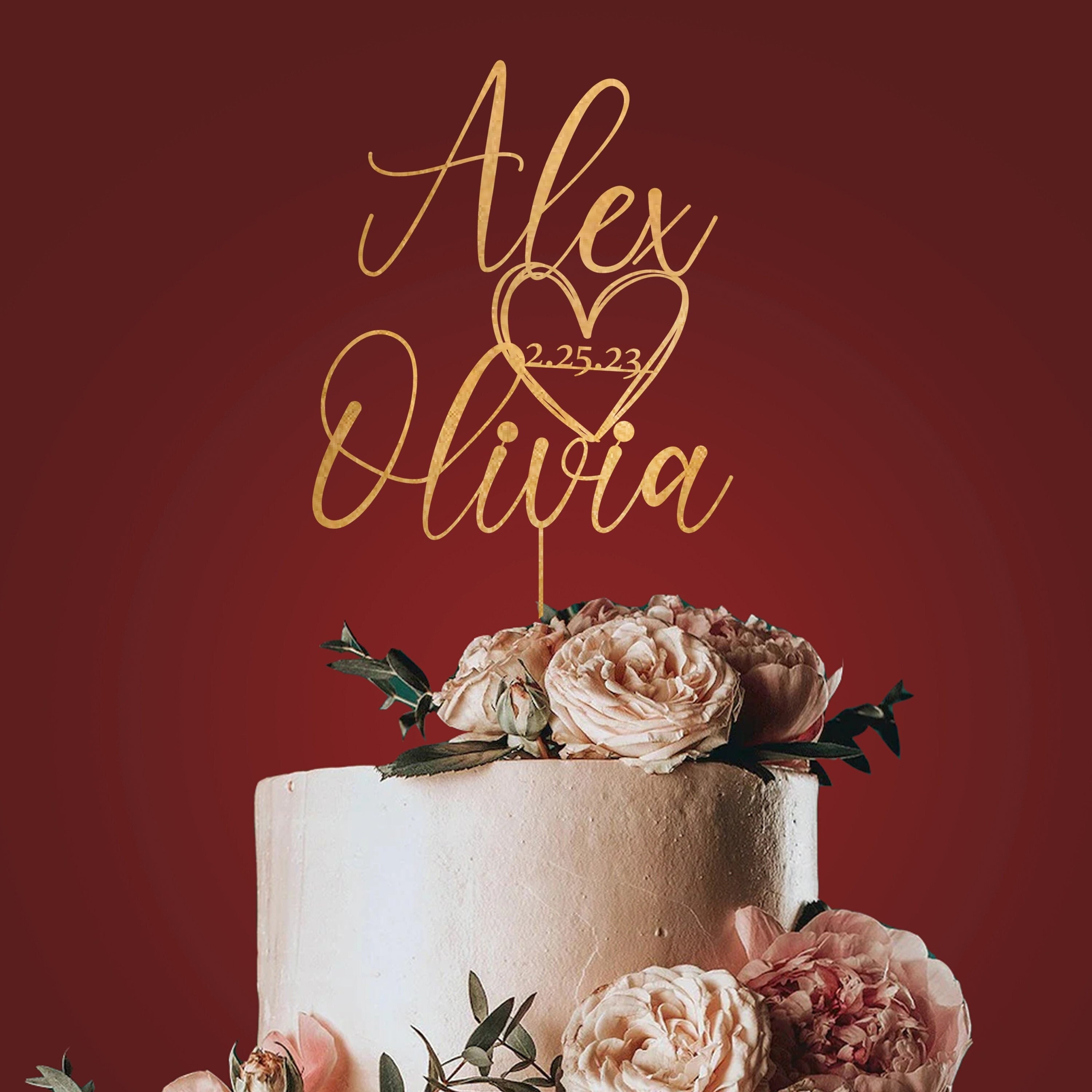 Personalisiertes Hochzeits-Cake-Topper Aus Holz – Mit Eurem Nachnamen, Design 02, Für Die Torte