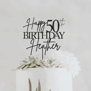 Pu&ograve; includere: Un cake topper nero con la scritta "Happy 50th Birthday Heather" in corsivo. Il topper &egrave; posto su una torta bianca decorata con fiori bianchi e piante grasse.
