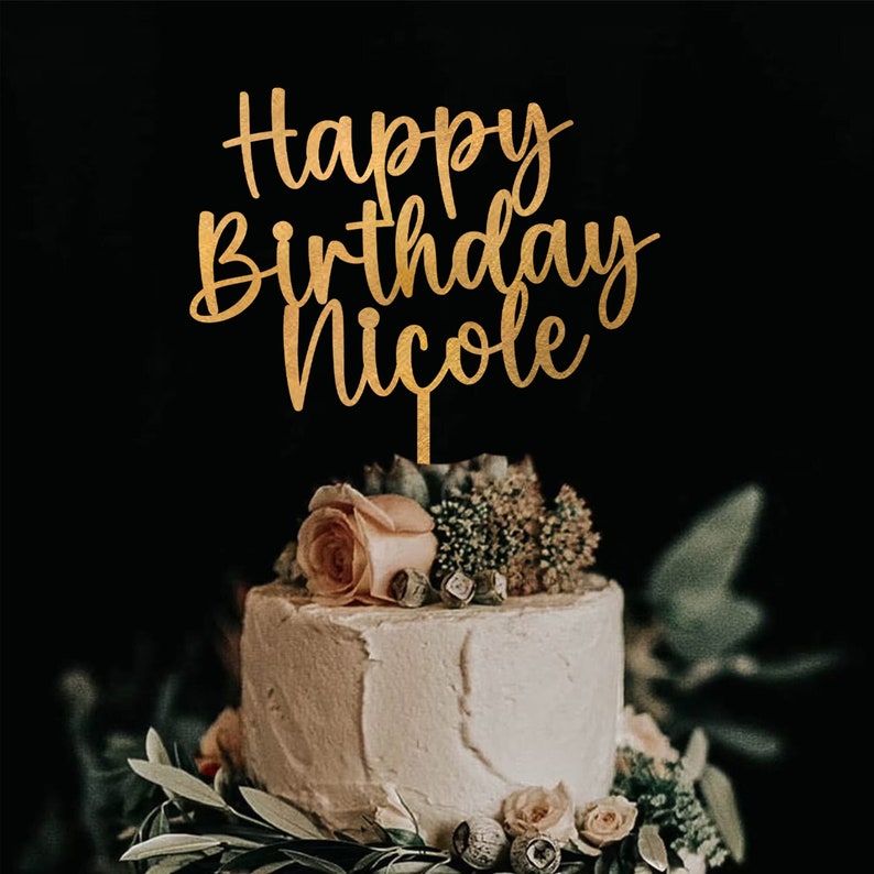 Personalized Gold Cursive Birthday Cake Topper: Wooden Celebration ...