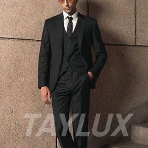 Schwarzer 3-Teiliger Herrenanzug | Smoking-Stil | Maßgeschneiderte Passform | Frottee Viskose Stoff | Abendgarderobe | Hochzeit | Abiball | Anzug