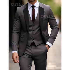 Charcoal Black 3-Piece Tuxedo| Tuxedo Style | Made-to-Measure Tailored Fit | Terry Rayon Fabric | Formal Wear | Wedding | Prom | Business