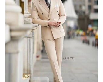 TAYLUX  Beige Double-Breasted Men’s Suit 2 Piece Suit for Men | Slim Fit Formal Suit | Business & Wedding Suit by TAYLUX Anzug