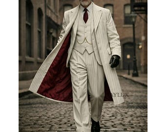1920s White Pinstripe Suit for Men | Vintage Gangster Suit with Overcoat | Peaky Blinders Style Suit | Gatsby Wedding Suit 4 Piece Mens Suit