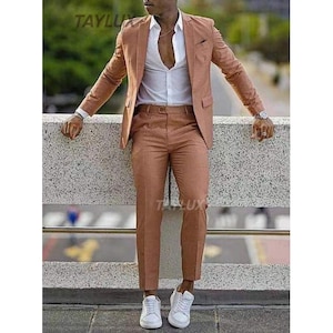 TAYLUX Men’s Peach Slim Fit Suit | 2-Piece Lightweight Summer Suit for Casual | Wedding, Prom & Special Occasion | Business Outfit Anzug