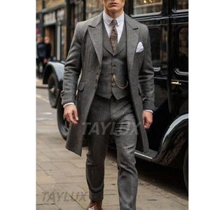 Peaky Blinders Style Men’s Tweed Suit with Overcoat | 1920s Vintage 3-Piece Wool Suit | Gentleman&#39;s Outfit | Old money | Classic Vest Anzug