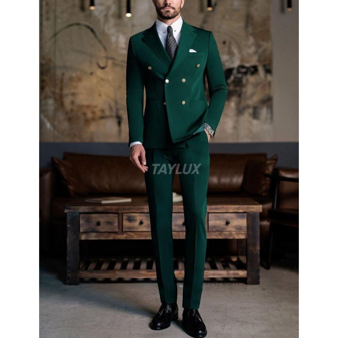 TAYLUX Emerald Green Double-breasted Men's Suit | Gold Button Slim