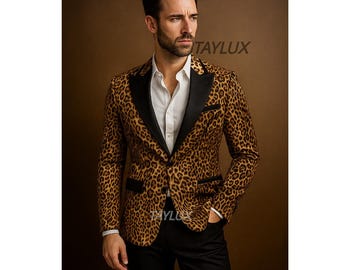 Leopard Velvet Designer Coat – Luxury Statement Jacket Inspired by Runway & Red Carpet Fashion Anzug Groom Party Prom