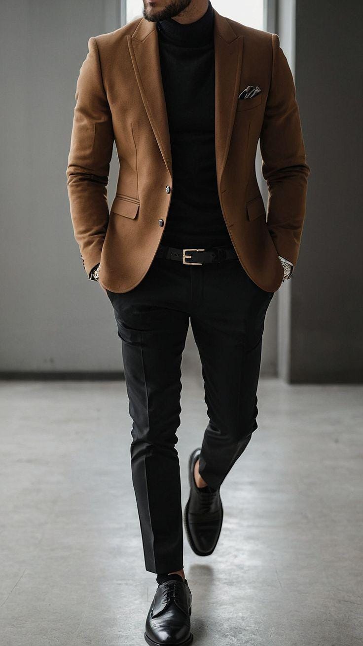 TAYLUX メンズ キャメルブラウン ブレザー＆ブラック パンツセット | 2