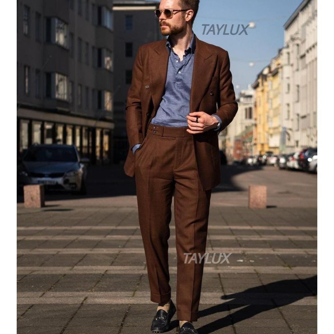 Linen Men's Brown Double-breasted Suit With Gurkha Pants for Mens
