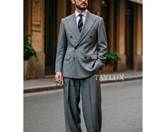 Traje gris cruzado de los años 70 para hombre / Pantalones acampanados Traje de lana Old Money / Traje clásico británico a medida Regalo para él Herren Anzug