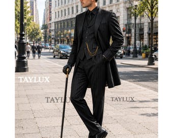 Abito da gangster anni '20 da uomo / Abito a tre pezzi gessato nero / Abito stile Peaky Blinders / Abito da sposo vintage / Regalo per uomo ricco