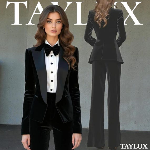 tux and lux dress code for ladies TAYLUX Women's Black Velvet Tuxedo Suit | Luxury Tailored Formal Two-Piece | Custom Made Evening Suit | Damen Smoking CHOPIN Floaty Womens Mini Dress Red Viscose Sleeveless Knee Length M