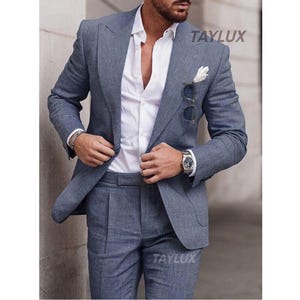 TAYLUX Men’s Dark Blue Linen Suit – 2-Piece Slim Fit Summer Suit | Casual Wedding, Beach Party, Prom, Business Outfit Anzug