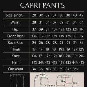 Pu&ograve; includere: Tabella delle taglie per pantaloni Capri Taylux, con misure in pollici per vita, fianchi, altezza del cavallo anteriore, altezza del cavallo posteriore, coscia, ginocchio, orlo e lunghezza esterna. Include diagrammi.