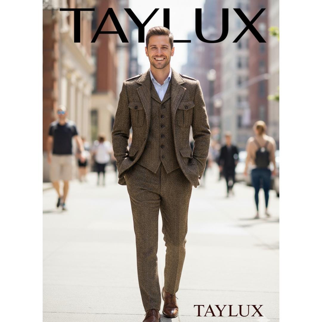 TAYLUX Brown Herringbone Tweed 3-piece Suit for Mens | Tailored