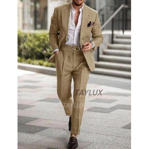 TAYLUX Men’s Beige  Linen Suit – 2-Piece Slim Fit Summer Suit | Casual Wedding, Beach Party, Prom, Business Outfit Anzug