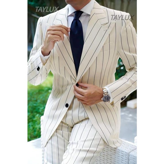 Vintage 1920s TAYLUX Cream White Pinstripe Suit for men | Men's 2-Piece Custom Tailored Slim Fit Suit gift for him
