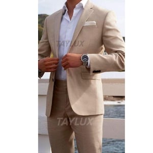 TAYLUX Men&#39;s Beige Suit 2 Piece | Light Tan Wedding Suit for Groom | Summer Linen-Blend Suit | Formal Blazer Pants Set Business Outfit Anzug