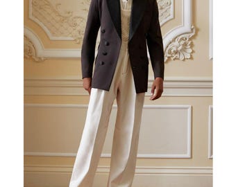 Vintage 70s Double-Breasted Tuxedo for men Blazer with Cream High-Waisted Trousers Gift for him