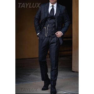 Blue Pinstripe 1930s 3-Piece Suit for Men | TAYLUX Vintage-Inspired Peaky Blinders Style Suit | Business Suit Custom Made Vintage Menswear