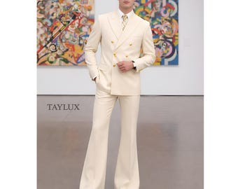 70s Retro Cream Flared Suit for men Double Breasted Suit Groomsmen Flared Pants Retro Wedding Suit Gift for him