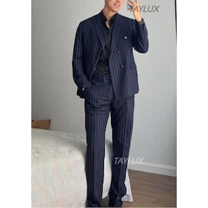 TAYLUX Blue Pinstripe 1930s 3-Piece Suit for Men | 70s Vintage-Inspired Peaky Blinders Style Suit Business Suit Custom Made Vintage Menswear