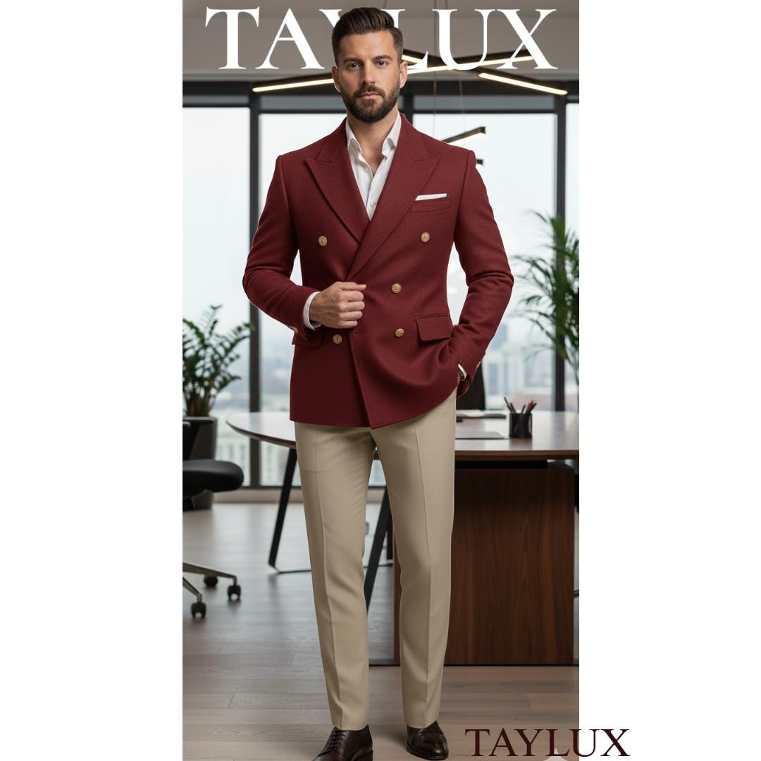 Burgundy Double-breasted Blazer Suit | Cream Trousers, Wool Blend