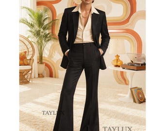 70s Black Flared Suit for Men | 70s Vintage Wide Leg Suit | Retro Disco Outfit | Slim Fit Blazer & Bell Bottom Pants Retro Gift for men