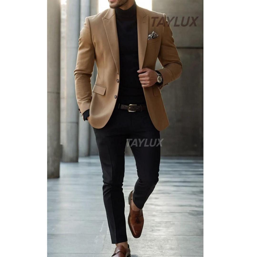 Buy TAYLUX Men's Camel Brown Blazer Black Pants Set 2-piece