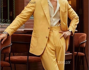 Linen Pastel Yellow Summer Suit for Men | High-waist Pleated