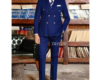 TAYLUX Navy Blue Double-Breasted Suit for Men | Gold Button Slim Fit Formal Suit | Business & Wedding Suit by TAYLUX Anzug