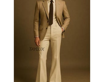 70s Beige Flared Suit for men | Vintage 1970s Two-Piece | Bold Wide Lapel Blazer | Casual Wedding groom retro party gift for him