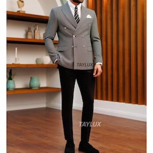 TAYLUX Eleganter Grauer Zweireiher mit Schwarzer Hose | Business Modern Fit Formelle zweiteilige Anzug für Herren | Hochzeits-Anzug Event