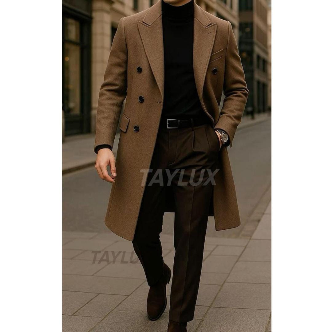 Men's Double-breasted Brown Wool Overcoat | Classic Tailored Long