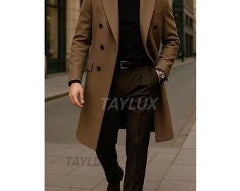 Men's Double-breasted Brown Wool Overcoat | Classic Tailored Long