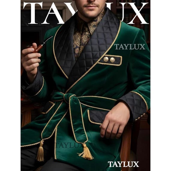 TAYLUX Men’s Emerald Green Velvet Smoking Jacket | Luxury Lounge Robe | Quilted Shawl Collar | Custom Made Smoking Coat | Vintage Gentleman