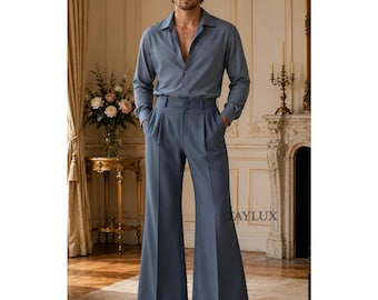 70s Men’s Blue Wide Leg Trousers Set, Retro Shirt & Pants, Vintage Bellbottom Flared Pants, Herren Anzug, Costume Homme, Gift for him