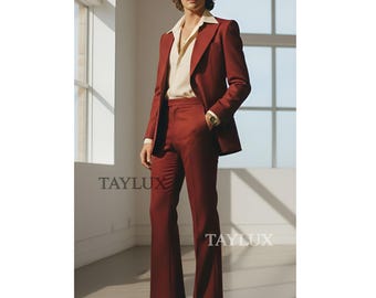 TAYLUX Burgundy Flared 70s Suit | Vintage 70s Men’s Two Piece | Wide Lapel Retro Suit | Disco Outfit, Wedding Anzug, Costume Homme