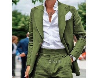 May include: Olive green suit with a white dress shirt. The suit jacket has a notched lapel and a pocket square. The pants are a matching olive green color. The suit is made of a lightweight fabric, perfect for warm weather.