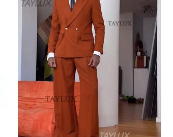 70s Bellbotton Retro Burnt orange Flared 1970s Suit for men | 70s Inspired Double-Breasted Wide Leg Suit | Gold Button Blazer Gift for him