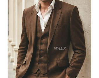 Traje de lino marrón de 3 piezas para hombre / Traje de tela de lino vintage / Traje de novio de boda Regalo para él
