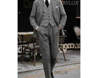 Men’s Classic Grey Tweed 3-Piece 1920s Suitfor mens | Tailored Fit | Wedding, Prom & Party Winter Suit Gift for him