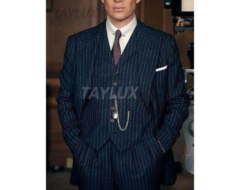 Men's Navy Blue Pinstripe Suit | 1920s Vintage 3 Piece Suit