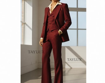 70s Burgundy Flared 3-Piece Suit | Vintage 70s Men’s Two Piece | Wide Lapel Retro Suit | Disco Outfit, Wedding Anzug, Costume Homme