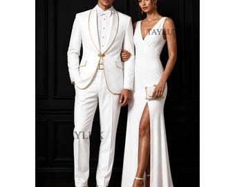 White Tuxedo Suit for Men Gold Trim – Luxury Wedding Groom Suit – Ivory Formal Smoking Herren Anzug Costume Homme Mariage Gift for him