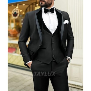 Classic Black 3-Piece Tuxedo| Tuxedo Style | Made-to-Measure Tailored Fit | Terry Rayon Fabric | Formal Wear | Wedding | Prom | Business
